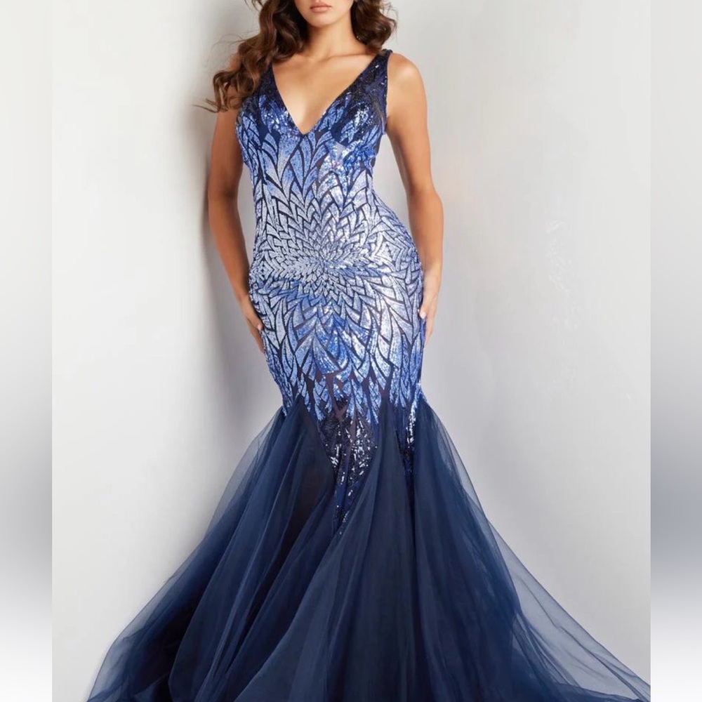 Jovani Blue and Silver Sequin Prom Dress